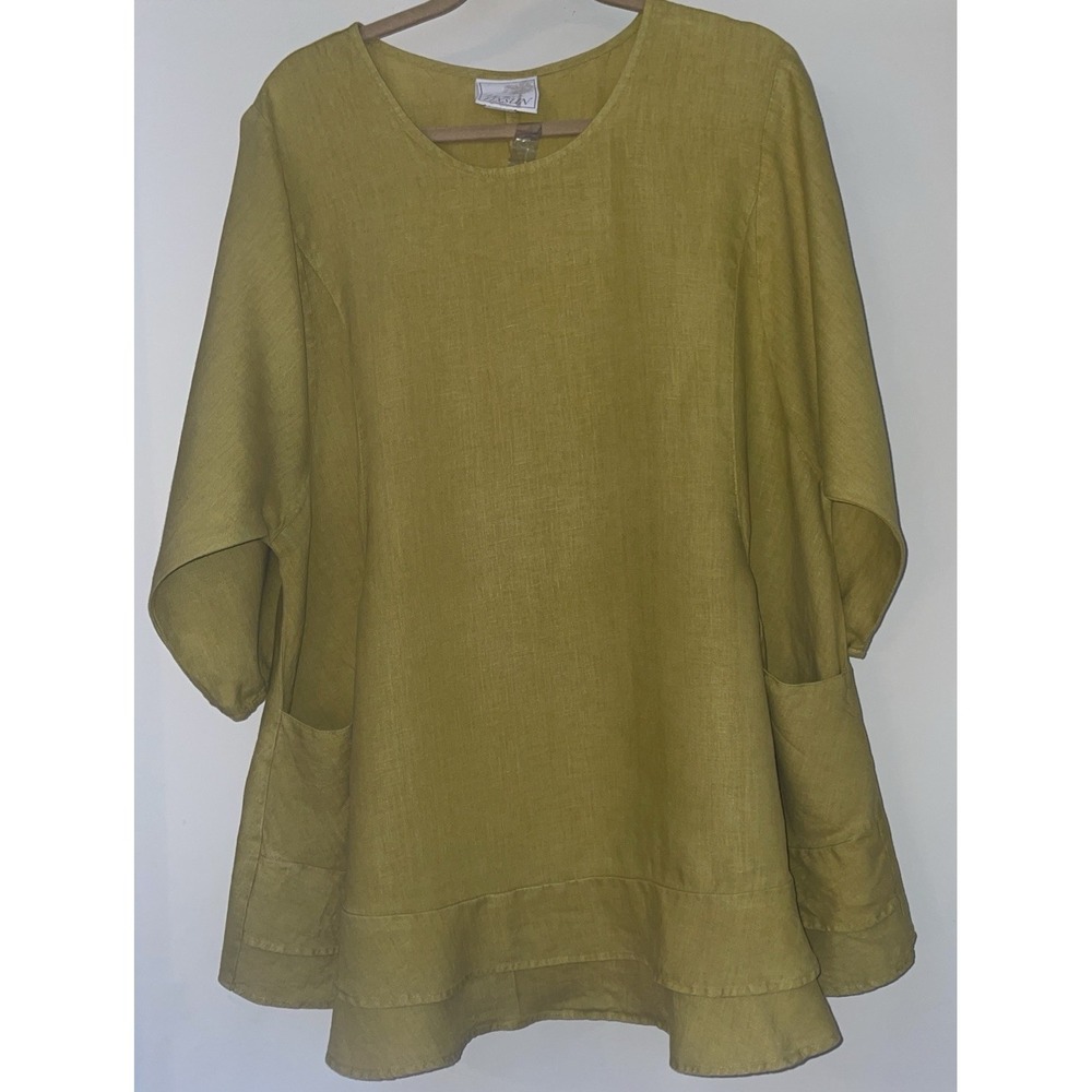 La. Fixsun 100% Linen Yellow Blouse Women's Size S 3/4 Sleeve Blouse Mini Dress